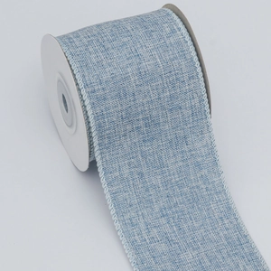 Light blue faux linen Christmas ribbon roll with neat stitched edges for DIY crafts
