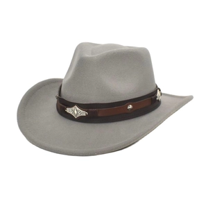 Detail of light gray western fedora with brown leather band and silver metal studs