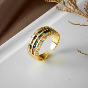 Adjustable gold plated ring with rainbow cubic zirconia and white micro-pave stones
