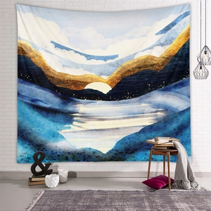 Detailed view of the abstract mountain wall tapestry hanging in a modern home interior
