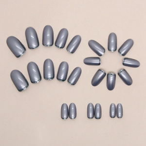 Oval grey cat-eye press-on nails with silver glitter laser aurora French tips