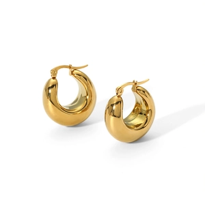 Polished 18k gold plated hollow C-shape stainless steel earrings on white background