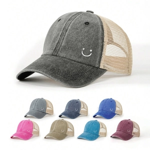 Vintage Washed Cotton Baseball Cap Breathable Mesh Trucker Hat With Embroidered Smiley Face Adjustable Sun Protection Retro Style