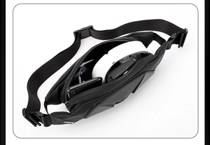 Interior view of black hardshell sling bag showing storage for VR headset and gadgets