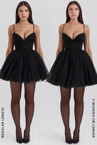 Detail comparing regular and 5cm longer mesh tutu dresses in elegant black