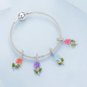 Photochromic Rose Flower Charm Pendant 925 Sterling Silver UV Color Changing Resin Enamel With Zircon For Women