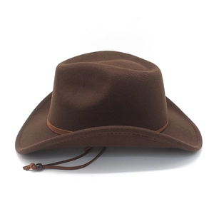 Detail of dark brown felt cowboy hat showing textured crown and adjustable chin strap cord