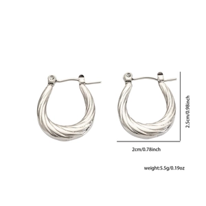 Detailed view of silver twist hoop earrings showing 2.5cm height and 2cm width dimensions