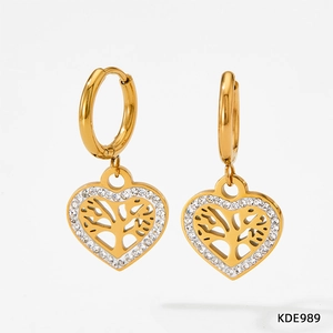 Boucles d'oreilles cœur évidé doré avec pendentif arbre de vie et zircons sertis