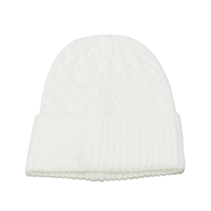 Detail of white cable knit beanie showing high-quality textured knitting and ribbed cuff