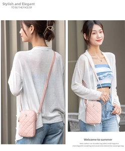 Pink quilted crossbody phone bag with floral hardware detail on model in outdoor setting