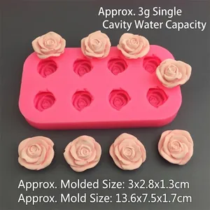Detail view of 8-cavity pink rose silicone mold with specific product dimensions shown