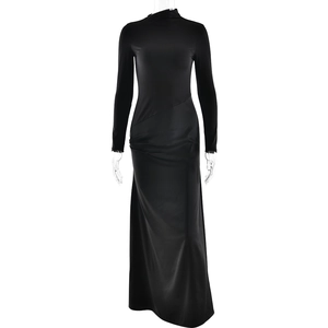 Elegant black mock neck long sleeve maxi dress with stylish side ruching details