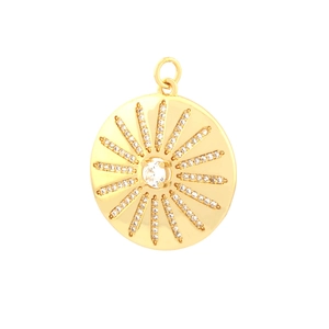 Gold starburst round pendant with cubic zirconia inlay in punk style for DIY jewelry