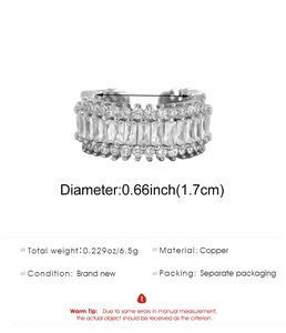 Detailed spec sheet for a wide copper ring featuring triple rows of cubic zirconia stones