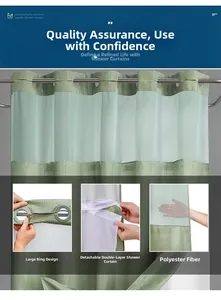 Detail of light green double-layer shower curtain with large rings and snap-on liner