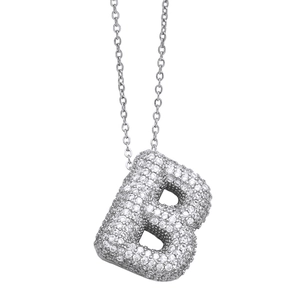 Silver capital letter B pendant necklace with pavé cubic zirconia for women