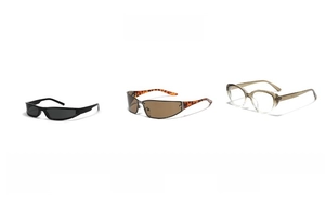 Three trendy narrow rectangle sunglasses in black, tortoiseshell, and gradient colors