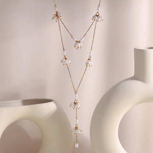 Elegant 18K gold-plated stainless steel double-layered necklace with pearl flower tassels