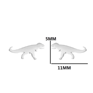 Detailed view of silver T-Rex dinosaur stud earrings with 11mm width and 5mm height