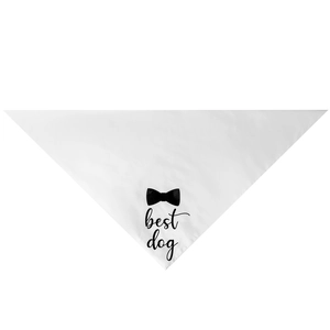 Detail of white cotton dog bandana featuring black bow tie print and best dog text