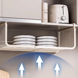 Adjustable white metal mesh under-cabinet hanging basket for kitchen storage and organization