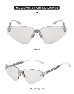 Vue de face et de profil des lunettes de soleil œil de chat sans monture avec strass