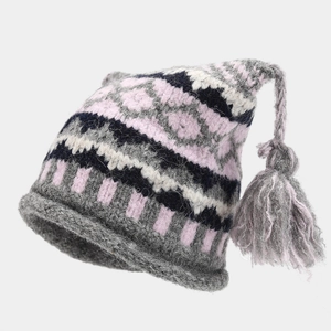 Fair Isle knit beanie with pink geometric patterns and stylish side tassels for women