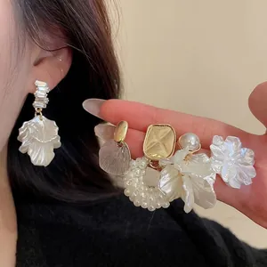 Elegant floral pearl drop earrings set with gold finish in French retro style for women