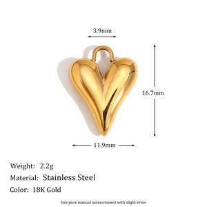 Macro shot showing dimensions and 18K gold stainless steel heart pendant specs