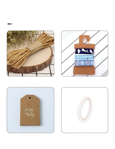 Detail van cadeauverpakkingsset met touw, lint, kraftlabel en dubbelzijdig plakband.