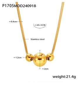 Detail view of gold stainless steel necklace with size annotations and triple bead pendant
