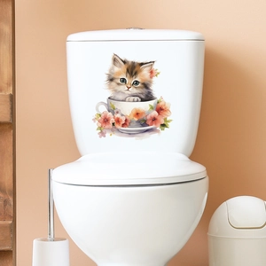 Close-up of cute calico cat in teacup toilet sticker for bathroom home decor
