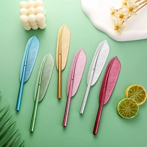 Creative realistic metal feather pens in six vibrant colors for office and gift stationery