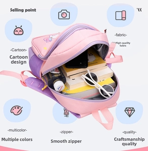 Detail view of pink unicorn kids backpack showing spacious interior with books and bottle