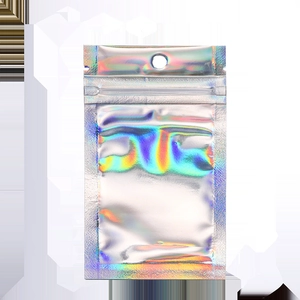 Close-up of holographic resealable packaging bag with hanging hole and rainbow laser effect