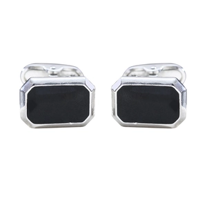 Classic silver-rimmed round cufflinks with black enamel inlay for formal business attire