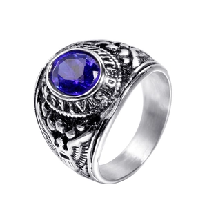 Men's retro stainless steel ring featuring blue gemstone and United States eagle carving