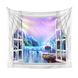 Detail of 3D window view tapestry featuring magical waterfall and glowing pink tree scenery