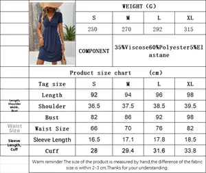 Guía de tallas con medidas y composición del tejido para el vestido de manga corta y cuello V