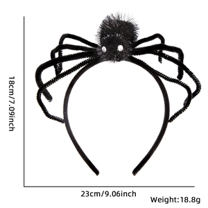 Detail view of plush Halloween spider headband with dimensions 18cm height and 23cm width