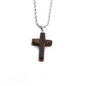 Polished brown tiger eye gemstone cross pendant necklace with silver twist chain link