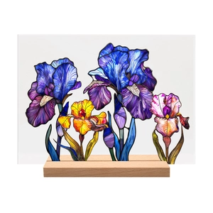 Macro detail of iris flower acrylic stand with faux stained glass and wood base
