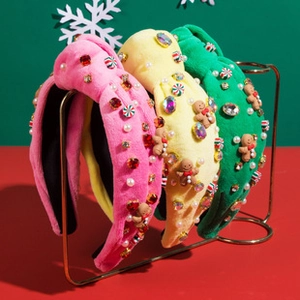 Details zu weihnachtlichen Samtstirnbändern mit Strass, Perlen und Lebkuchenmännchen