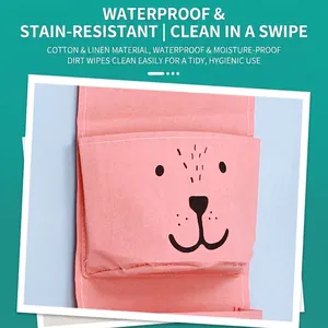 Pink waterproof cotton linen wall hanging storage bag with minimalist bear face pattern