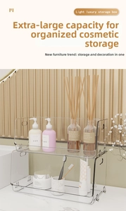 Detail of double-layer acrylic cosmetic organizer with gold metal handles and frame