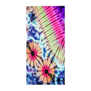 Detailed texture of microfiber beach towel featuring colorful tie-dye 3D digital print