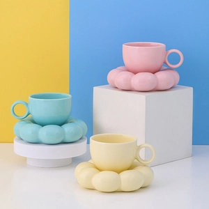 Nordic ceramic coffee cup and cloud saucer set in pink blue and yellow macaron colors