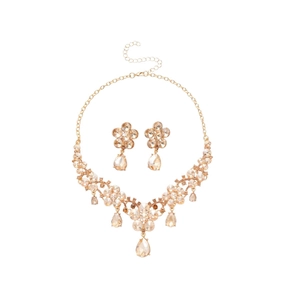 Luxurious gold flower jewelry set with champagne crystal water drop pendant necklace