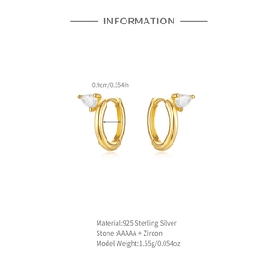 Detail showing S925 sterling silver hoop earrings with water drop zircon in gold finish